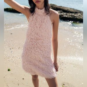 ZARA FEATHER FEATHERY PINK HALTER MINI DRESS S